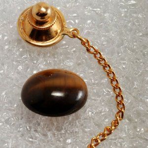 Vintage Tie Tack Tiger Eye Gold Tone Metal Clasp Men's Jewelry Accessory